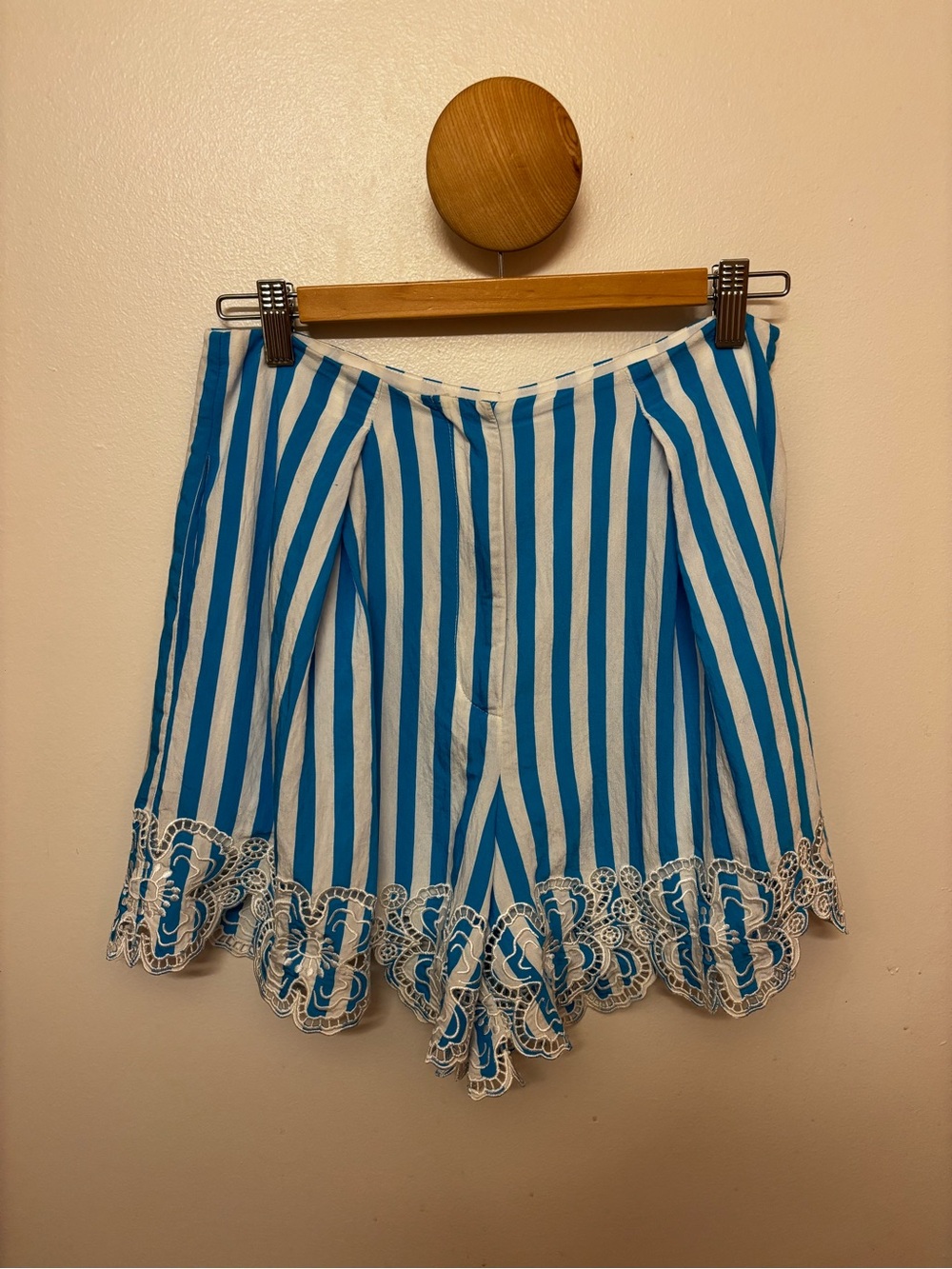 Trina Turk Blue & White Vertical Stripe Lace-Hem Bermuda Shorts